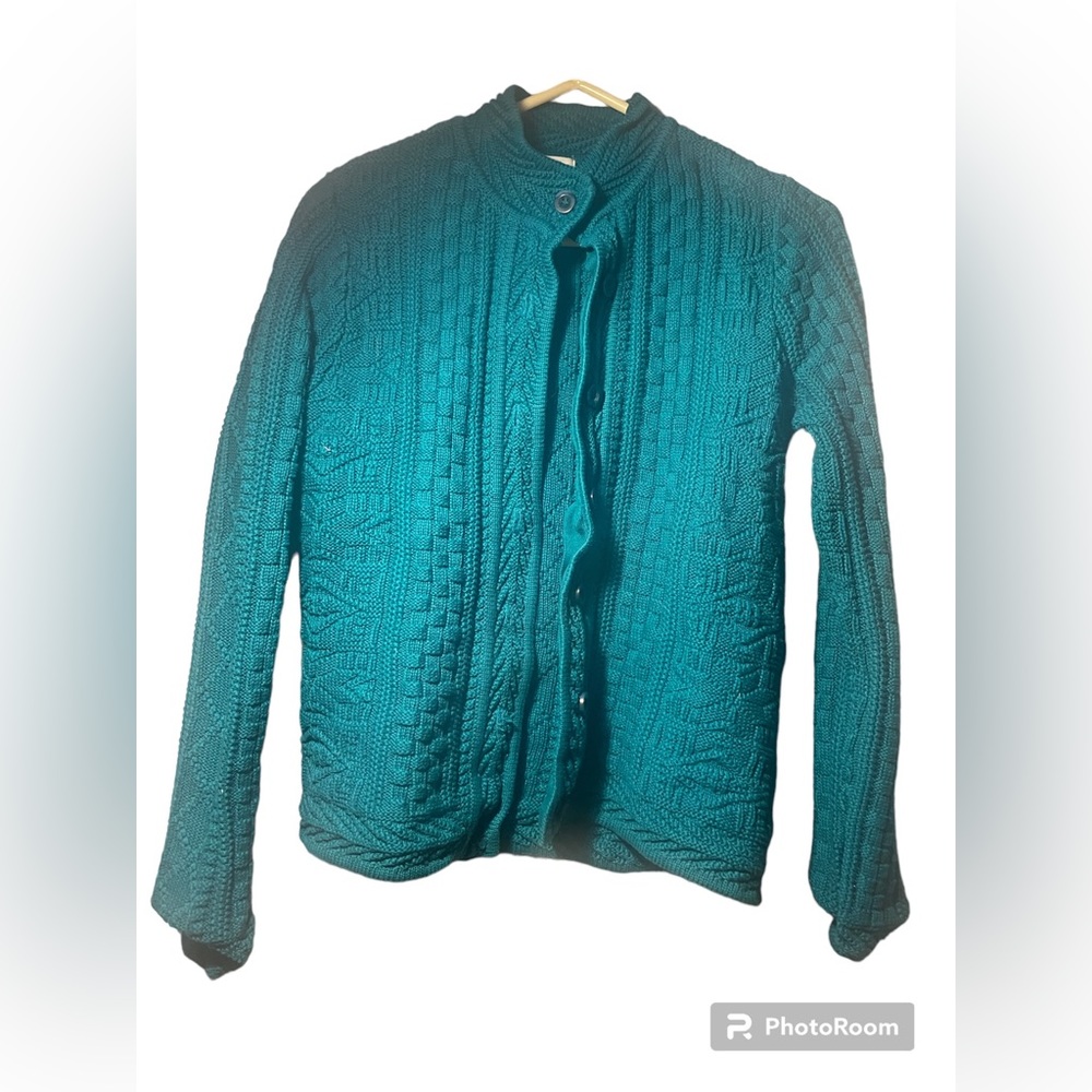 L.L. Bean Cable Knit Cardigan Sweater Teal Blue